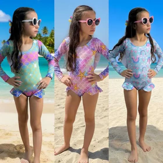 Maiô Infantil Menina Juvenil Manga Longa Estampado Praia Piscina Proteção UV 1, 2, 4, 6, 8 e 10 Anos