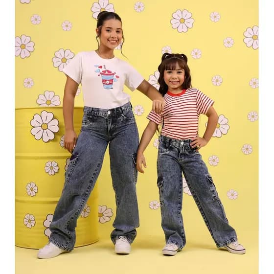 Calça Jeans Infantil Juvenil Adolescente Menina Cargo Black Azul Marmorizada 4 a 16 Anos Jeans Premium