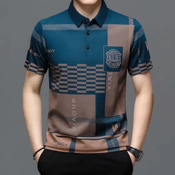 Camisa Pólo Coreana De Manga Curta Estampada , Na Moda Para Homens De Meia-Idade E Idosos