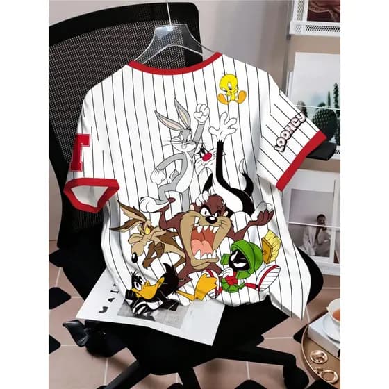 Verão novo estilo Warner Co-marca, novidade masculina criativa camiseta de manga curta, moda Looney Tunes impresso t