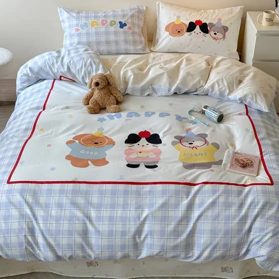 Conjunto de roupa de cama de algodão puro com estampa de desenho animado, roupa de cama infantil fofa, capa de edredom,