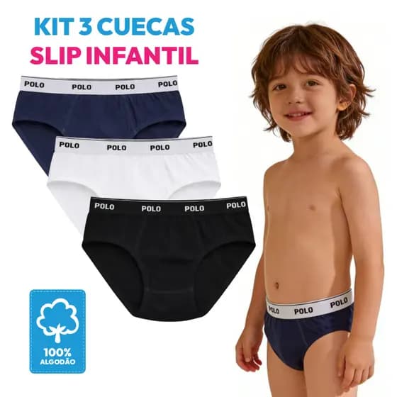 Kit 3 Cueca Slip Infantil 100% Algodão Polo Star Cotton Original Forro Duplo