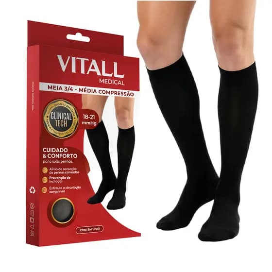 Meia De Compressão 3/4 Com Ponteira Varizes Inchaço Trabalho Vitall 18-21 mmHg Masculina