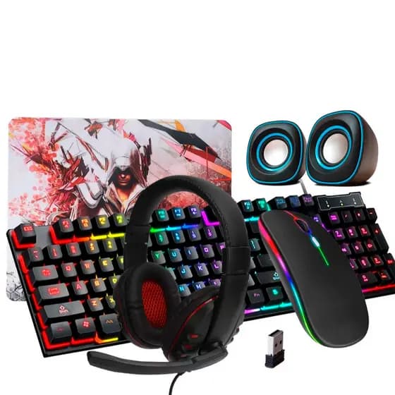 Kit Gamer Teclado Semi-mecânico + Mouse 3200 Dpi Sem fio RGB + Mouse Pad + Headset + Caixa de som pc