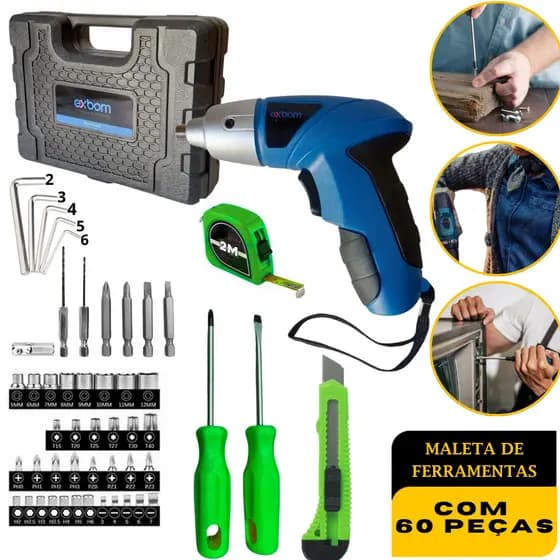 Kit Maleta de Ferramentas Com 60 Peças Com Parafusadeira Recarregável