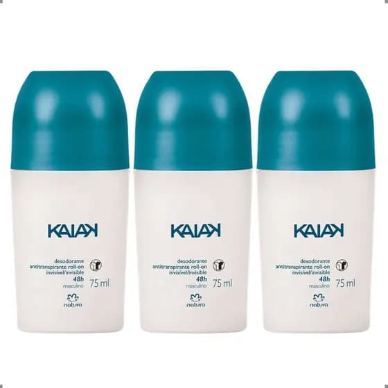 KIT 03 Desodorante Antitranspirante Anti Manchas Natura Roll-On Kaiak Tradicional Masculino 75mL