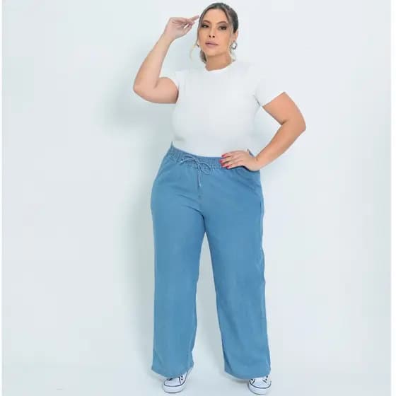 Calça Jeans Feminina Pantalona Plus Size Azul Clara