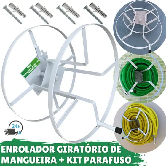 Suporte De Enrolar Mangueira Enrolador Metal Resistente Para Mangueira Até 30 Metros + Kit Parafuso