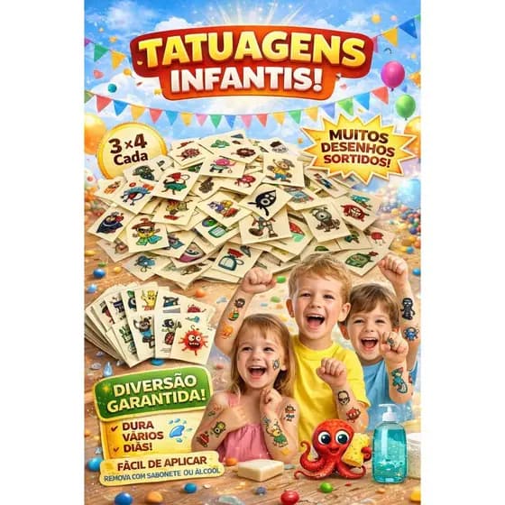 150 Minis tatuagens temporárias infantis 3 x 4 cm