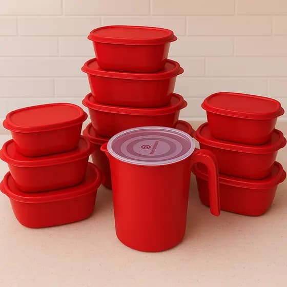 Pote de Plástico Vermelho Kit 10 + Jarra de Suco 1,8 Litros Tapoer de Plástico Cozinha