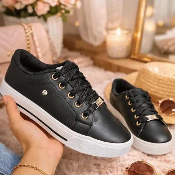 Tênis Casual Feminino Preto Confortável Moda Dia a Dia Solado Alto Leve Estiloso