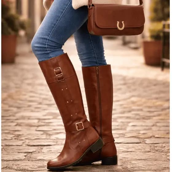 Kit Bolsa + Bota Montaria Feminina Cano Alto Com Detalhe em Fivela