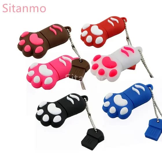 Pendrive 128GB 64GB 32GB 16GB 8GB Flash Drive Cartoon Pegada De Memória De Garra De Gato Fofo 6 Cores