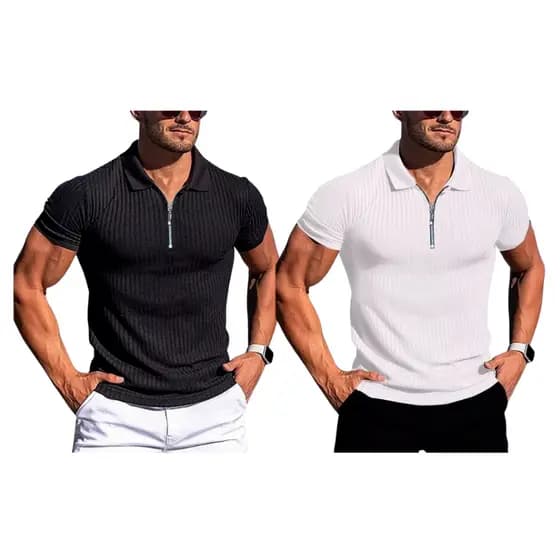 Kit 2 Camisas Polo Canelada Malha Com Elastano Gola Zíper - Camiseta Polo Masculina