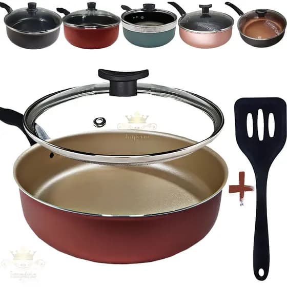 Frigideira Alta 18Cm Com Tampa De Vidro E Espátula Antiaderente 5 Camadas Teflon Cereja Gold Cobre Preta Rouge Turquesa
