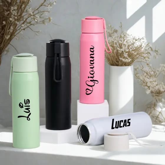 Garrafa Personalizada Nome Alumínio 600ml Clean Hidratação c/ Alça Original Esportiva