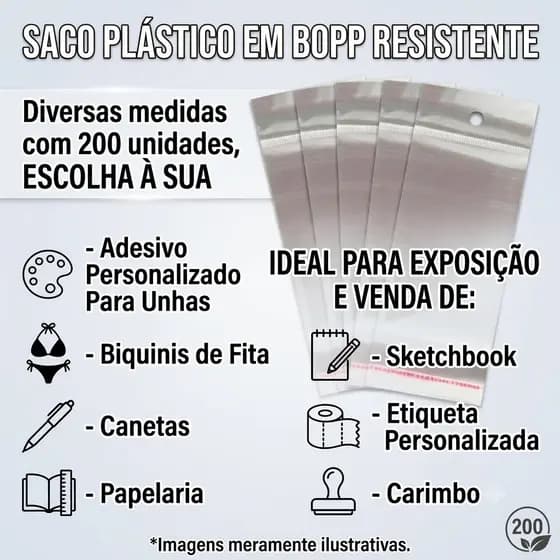 Saco Plástico Adesivado Com Solapa para Adesivo Personalizado Caneta Papelaria Sketchbook Etiqueta
