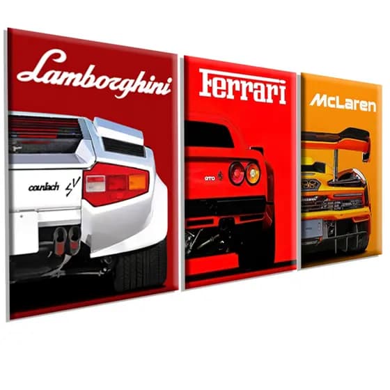 Quadros Decorativos Carros Esportivos Ferrari Lamborghini McLaren 3 Peças Sala Quarto Decoração