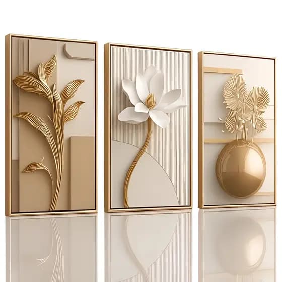 Quadros decorativos Vasos Flores Mármore Branco Gold 3 peças Sala Quarto Cozinha Escritório Hall