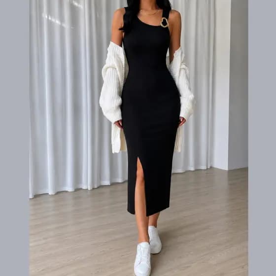 vestido feminino midi tubinho inverno com fivela Anarruga Premium Forro Duplo Moderno com fenda