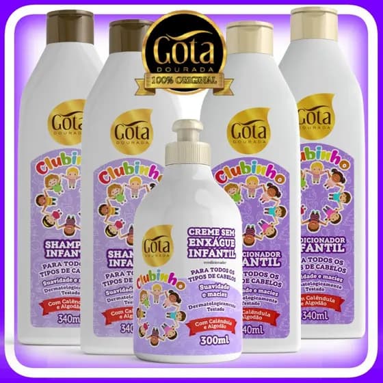 Gota Dourada Clubinho Kit Infantil Todos Tipos Cabelo 2 Shampoos 2 Condicionadores 1 Creme Pentear