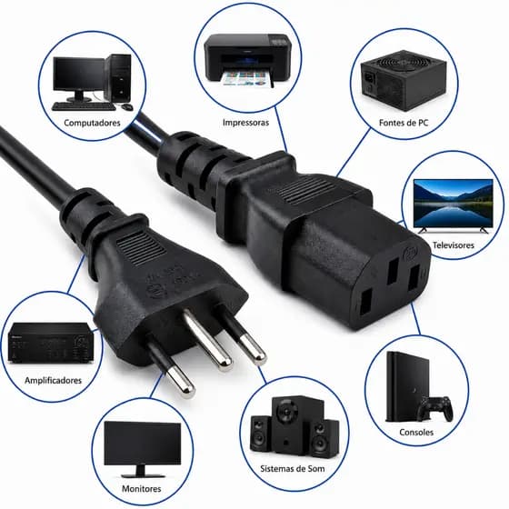 Cabo de Força Tripolar 3 Pinos 10A 250V Para PC Monitor Impressora Fonte IEC