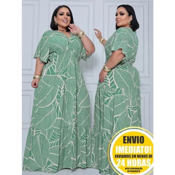 Vestido Feminino Longo Plus Size Com Decote Em V Moda Evangelica