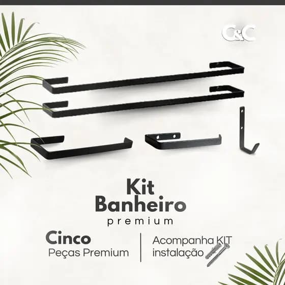 Kit Suporte Acessórios para Banheiro Porta Toalha Papel E Gancho Multi Uso 5 peças Preto tx