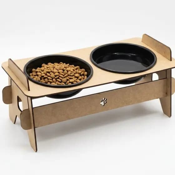 Comedouro Duplo Elevado 400ml com Tampa Para Cachorro E Gato MDF Cru