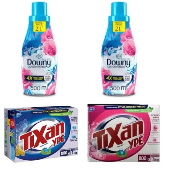 2 Amaciantes downy 500ml + 2 Caixas sabão em pó Tixan Ypê 800g