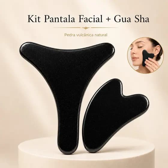 Kit Pantala Facial + Gua Sha Basalto Natural Para Lifting Facial Massagem e Skincare