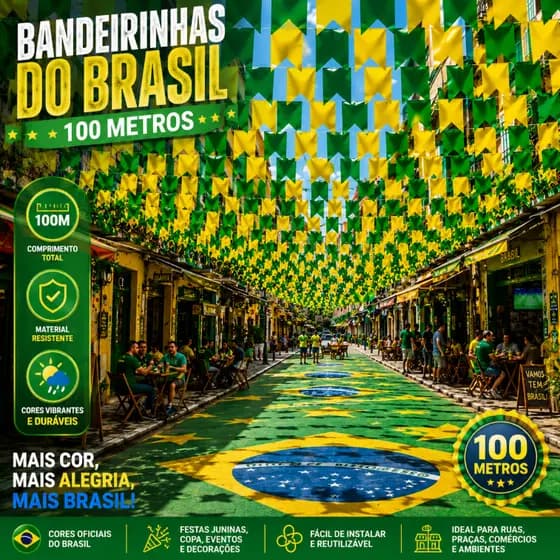 Kit 100 Metros Bandeirinhas Brasil Decoração Varal Bandeirolas Plástico