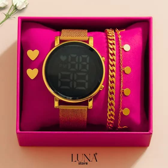 Relógio Feminino Redondo Digital LED Com Pulseira Brinco