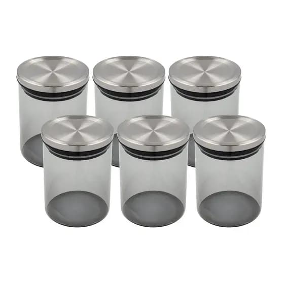 Kit 6 Pote de Vidro 10x13,3CM 750ML Fumê Tampa Metálica Hermética Porta Mantimentos E Temperos