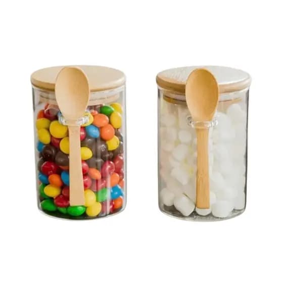 Kit 2 Pote Hermético De Vidro Redondo Porta Condimento 250ml C/ Tampa Colher De Bambu