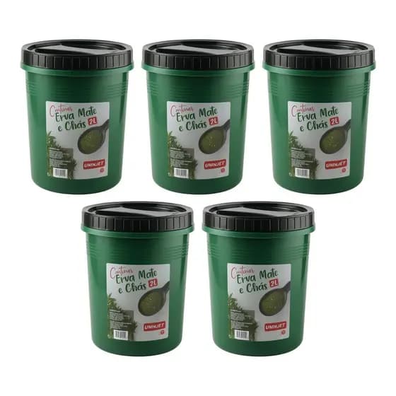 Kit 5 Pote Plástico 2L Verde com Rosca Armazene Chás e Erva-Mate