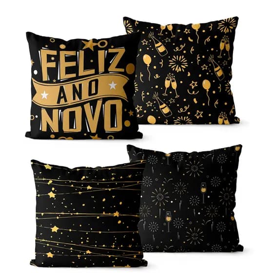 Kit 4 Capas de Almofadas Decorativas 45x45 - Feliz Ano Novo