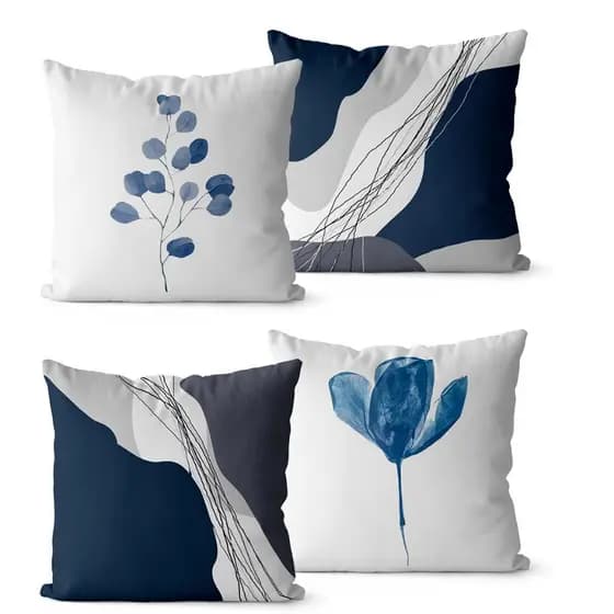 Kit 4 Capas de Almofadas Decorativas 45x45 - Floral Abstrato Azul