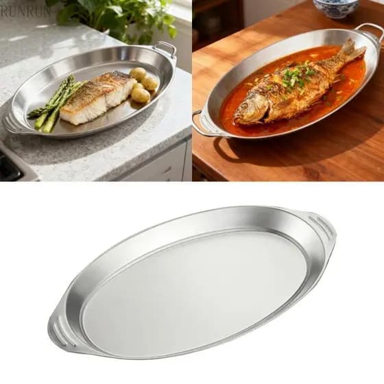 RUNRUN Oval Servindo Prato Antiderrapante Alças Aço Inoxidável Peixe Cozinhar Bandeja Utensílios Cozinha Para Assar