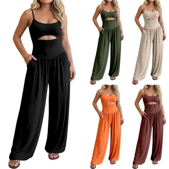 Treeling Macacão Feminino Sem Mangas Cortado Na Cintura , Pescoço , Costas Nuas , Amarração Nas , Franzida , Perna Larga