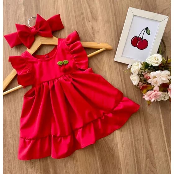 vestido bebe baby rn criança menina infantil cereja cerejinha festa aniversario