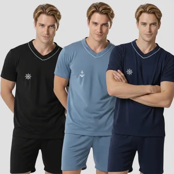 Pijama Masculino Adulto Curto Gola V + Bermuda | Malha Leve | Verão