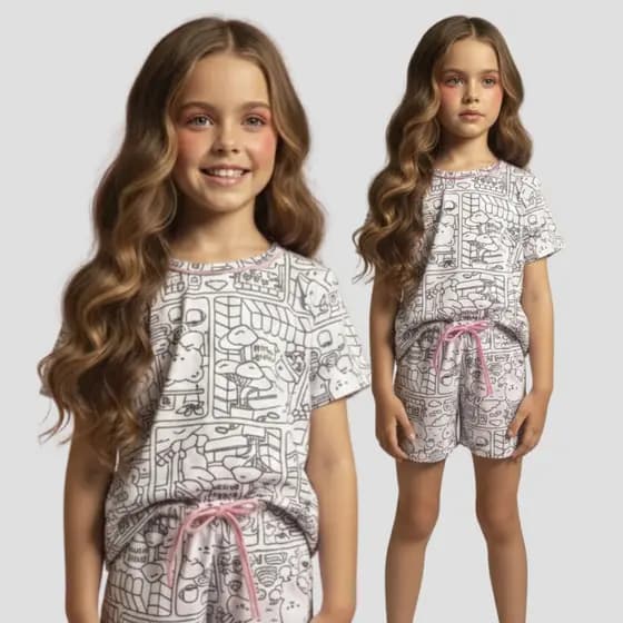 Pijama Infantil Feminino Meia Manga Para Colorir Lavável