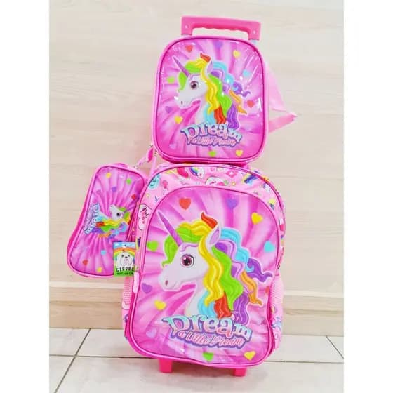 Conjunto Mochila Unicórnio Escolar Menina Infantil Com Mochila de Rodinhas + Lancheira + Estojo dupla