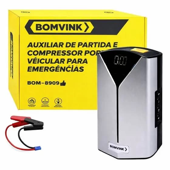 Auxiliar De Partida E Compressor Portátil Bomvink 8909 4 em 1 - Power Bank e Lanterna