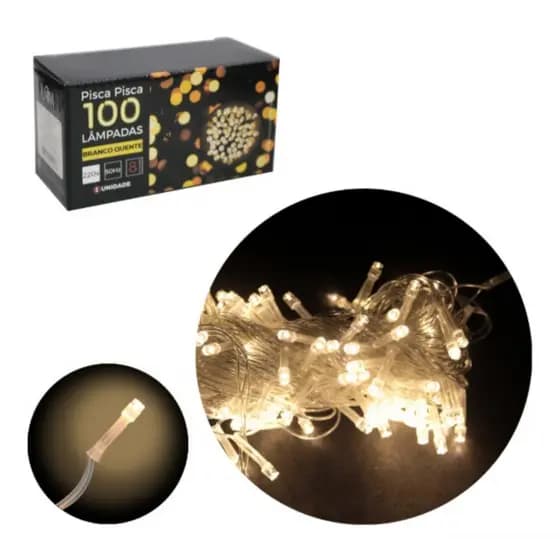Pisca Pisca de Natal 100 Lâmpadas LED 9M Branco Quente 8 Funções Fio Transparente