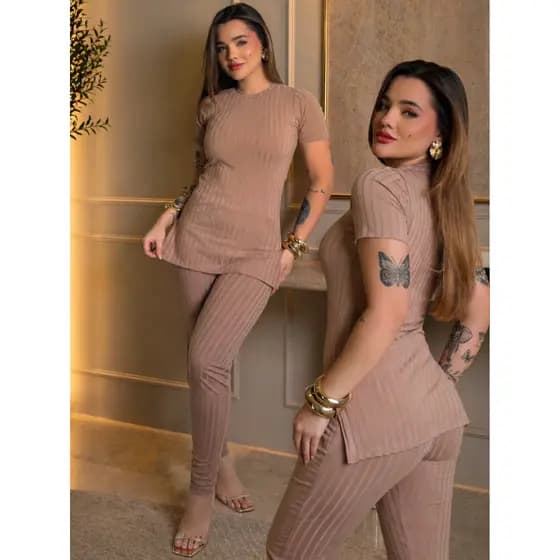 Conjunto Feminino Blusa Fenda Lateral e Calça Com Bolso Canelado Premium Elegante Casual Inverno