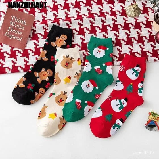 Meias De Natal Respiráveis Algodão Doce Papai Noel Elk Design De Moda Estilo Coreano