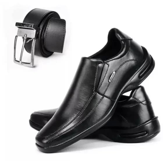 Sapato Social Masculino Elegante Moderno Ortopedico Couro Leve de Elástico Ajustável + Cinto Dupla Face