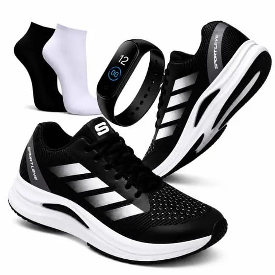Kit Tênis Masculino Casual Confortável Ideal Para Academia Caminhada Corrida Leve + Relógio e Meia